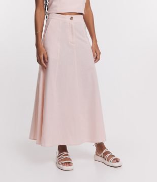Saia New Midi em Linho com Bolsos Rosa