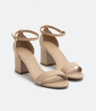 Sandália com Tira Única e Salto Médio Bloco Bege