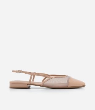 Sapatilha Slingback com Tela nas Laterais Bege