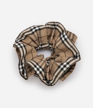 Scrunchie Franzido com Estampa Xadrez Bege