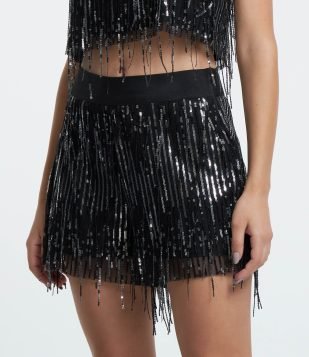 Short Curto com Franjas em Paetê Metalizado e Elástico na Cintura Preto