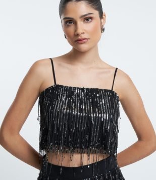 Top de Alça com Franjas de Paetês Metalizados Preto