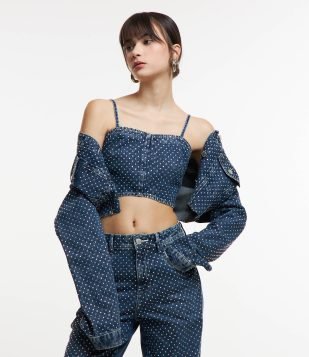 Top de Alça em Jeans com Bolinhas Brilhantes de Strass Azul