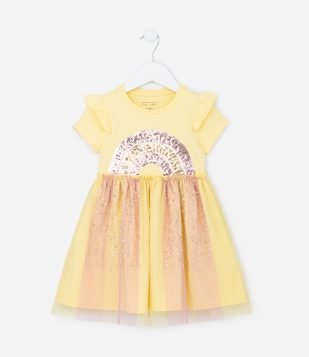 Vestido Infantil com Arco-Íris Bordado em Paetê e Saia de Tule - Tam 1 a 5 anos Amarelo