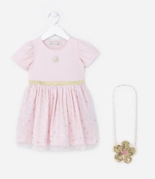 Vestido Infantil em Tule com Estampa de Florzinhas e Bolsa - Tam 1 a 5 Anos Rosa