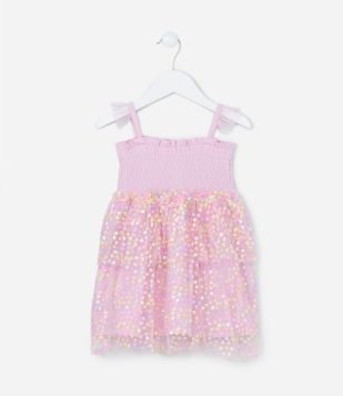 Vestido Infantil em Tule com Florzinhas e Babadinhos - Tam 1 a 5 Anos Rosa