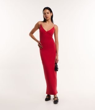 Vestido Longo em Algodão com Alcinha Fina e Detalhe de Laço no Decote Vermelho