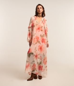 Vestido Longo em Chiffon com Manga Bufante e Estampa Floral Rosa Coral
