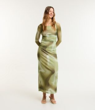 Vestido Longo em Tule com Estampa Manchadinha Verde