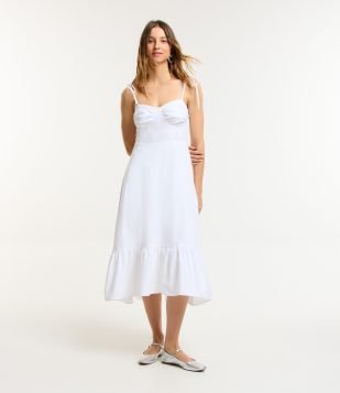 Vestido Midi Corsetado em Tricoline com Babado na Barra Branco Neve