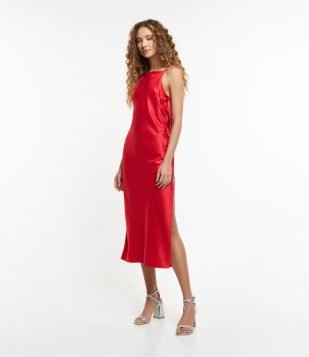 Vestido Midi em Crepe com Alças Finas e Amarração nas Laterais Vermelho