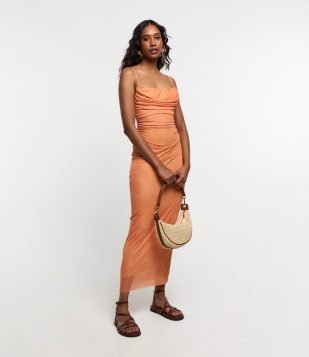 Vestido New Midi em Tule com Decote Drapeado e Costas com Amarração Laranja