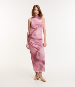 Vestido New Midi em Tule com Franzido Estampa Degrade Rosa