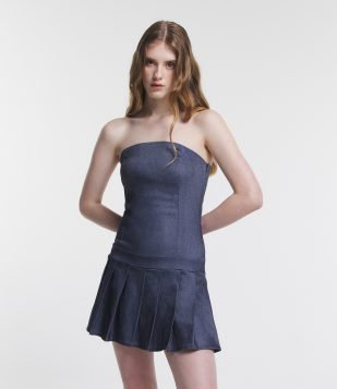 Vestido Tomara que Caia em Bengaline com Saia Pregas Azul