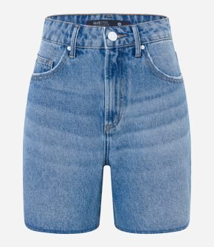 Bermuda em Jeans Marmorizado com Barra Cortada Azul