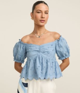 Blusa Peplum em Algodão com Bordado Floral e Manga Bufante Azul