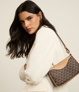 Bolsa Baguete Pequena com Estampa Geométrica Marrom