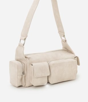 Bolsa Baguete em Pu Estonada e com Bolsos Utilitários Bege