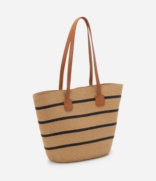 Bolsa De Praia em Palha Listrada Com Alças Finas Bege