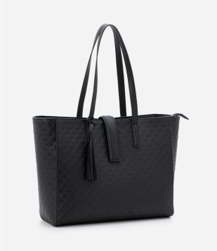 Bolsa Shopper Grande em PU com Textura Matelassê Preto