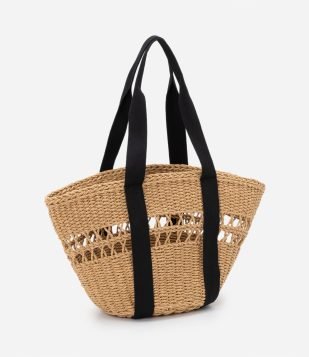 Bolsa de Praia com Alça em Lona e Detalhes Vazados Marrom Claro