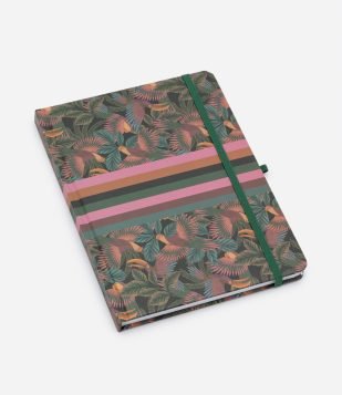 Caderno Capa Dura Estampa Tropical com Elástico e Folhas Pautadas Verde