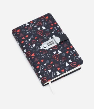 Caderno com Estampa de Corações e Segredo com Código Preto