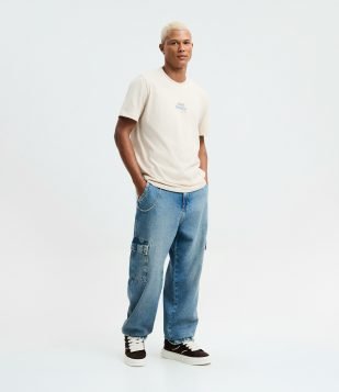 Calça Baggy Cargo em Jeans com Corrente Removível Azul