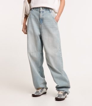 Calça Balloon em Jeans com Bolsos e Passantes Duplos Azul
