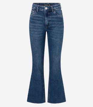 Calça Cropped Flare em Jeans Azul Médio