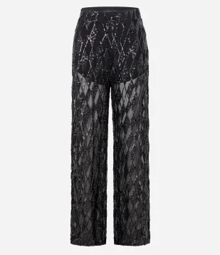 Calça Pantalona em Paetê Metalizado Geométrico e Forro Shortinho Preto