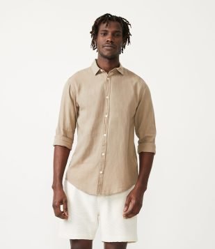 Camisa Comfort Básica em Linho e Algodão Bege