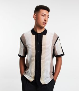 Camisa em Tricoline com Textura e Listras Branco