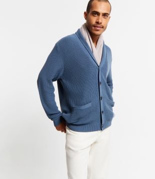 Cardigan em Tricô Texturizado com Botões e Bolsos Azul