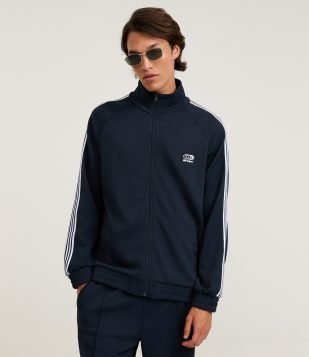 Casaco em Helanca com Bordado Localizado e Listras Contrastantes Azul Marinho