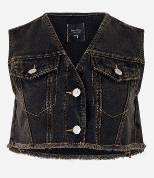 Colete Curto em Jeans com Bolsos Preto