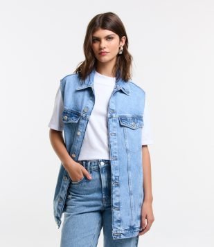 Colete Oversized em Jeans com Costuras e Bolsos Azul
