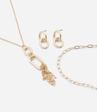 Conjunto Colar e Brinco com Pingente de Elos e Franjas Dourado