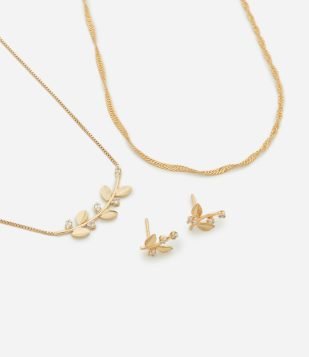 Conjunto Delicado de Colar Camadas e Brincos de Raminhos Dourado