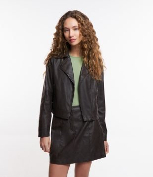 Jaqueta Biker em PU com Lavagem Estonada Marrom