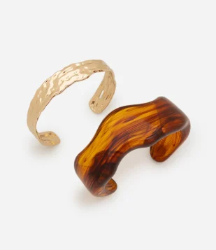 Kit 02 Braceletes Rígidos Abertos em Resina e Metal Marrom-Dourado