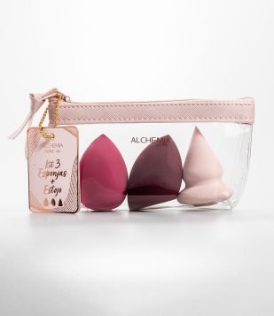 Kit 03 Esponjas de Maquiagem + Estojo Alchemia Rosa e Vermelho