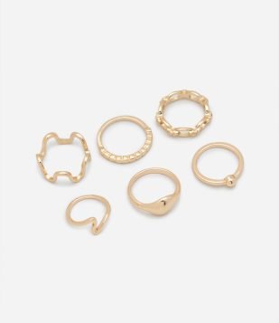 Kit 06 Anéis em Metal com Detalhes de Bolinha e Ondulado Dourado