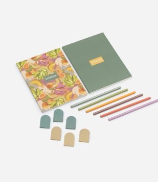 Kit de Escritório com Cadernos 6 Lápis e Clips com Estampa Frutas Multicores