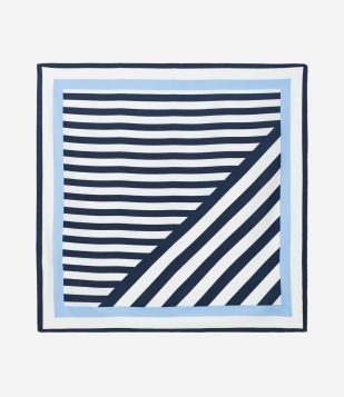 Lenço Quadrado em Tecido Acetinado com Estampa Listras Azul-Branco