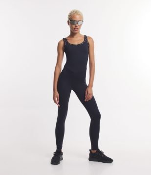Macacão Esportivo Longo em Poliamida com Viés Animal Print Preto