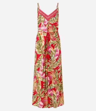 Macacão Pantalona em Chalis com Estampa de Folhagem e Cinto Corda Vermelho