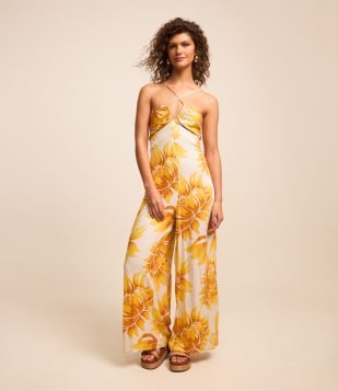 Macacão Pantalona em Viscose com Estampa de Margaridas e Amarração Amarelo