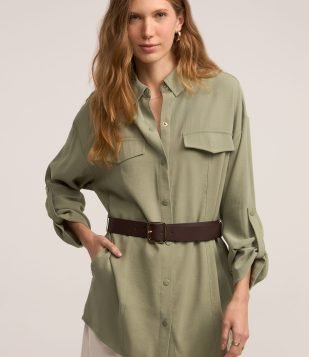 Parka Utilitária em Viscose com Cinto Fivela e Abotoamento Verde