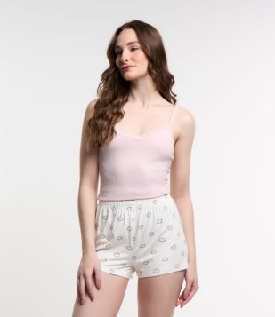 Pijama Short Doll Alcinha em Ribana com Renda e Estampa Olho Grego Rosa-Branco